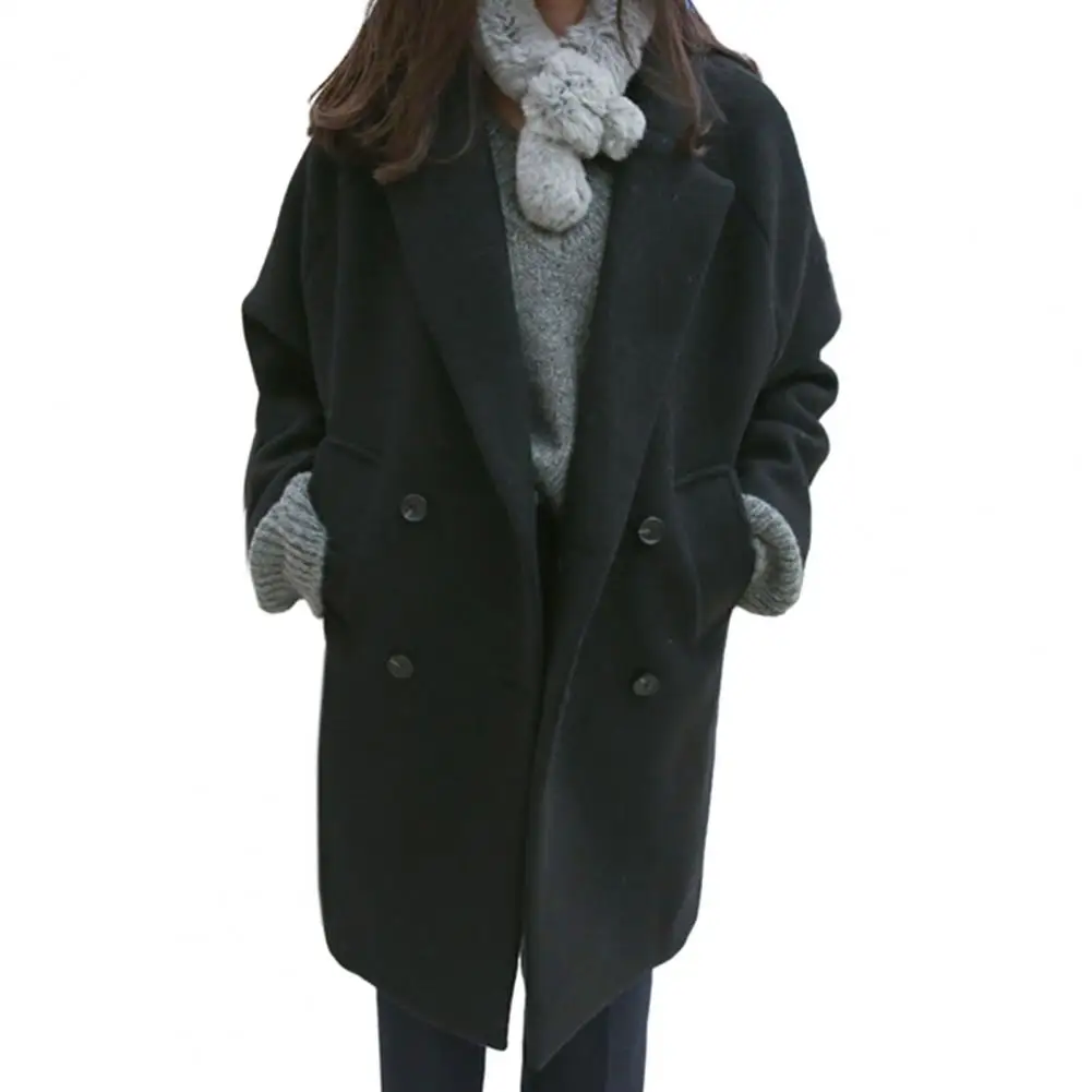 

Elegant Women Jacket Stylish Double-breasted Women's Fall Winter Coat with Thick Lapel Plus Size Loose Fit Pockets Long for Mid