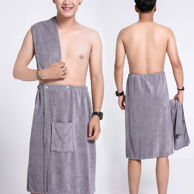 Men's Shower Towel With Safety and Pocket Quick Drying Water Absorption Bath Skirt Microfiber Buckle Towel Large Bathrobe