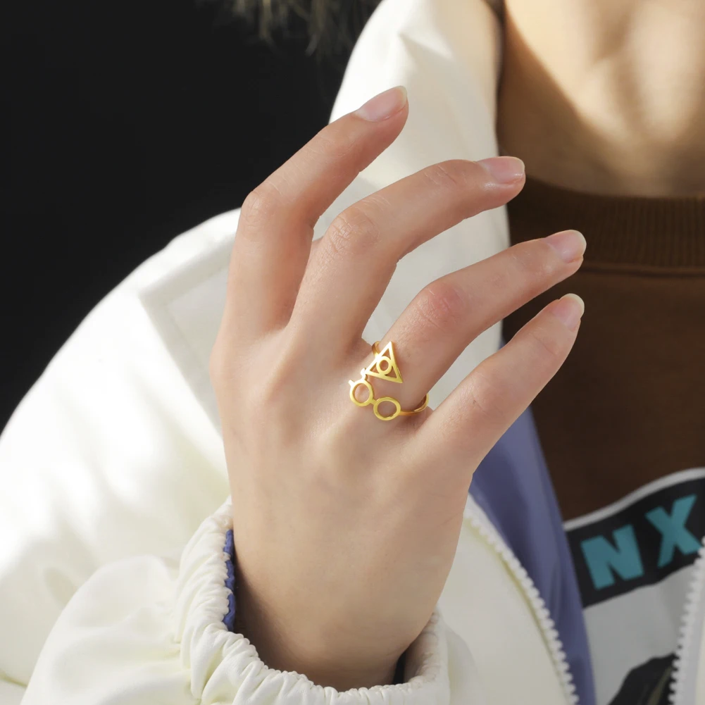 Kkjoy New Female Fashion Glasses Deathly Hallows Rings Stainless Steel Geometric Triangle Open Rings for Women Men Girl Jewelry finger rings womens ring jewelry rings ring jewelry