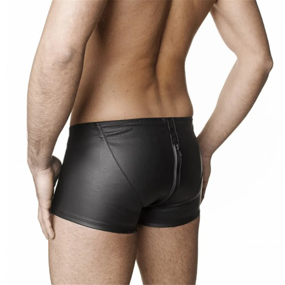 Sexy Zipper Crotch Boxershorts Men Underwear Lingerie Black Gay Fetish Panties Men Boxer Shorts Vinyl Leather Mens Underware