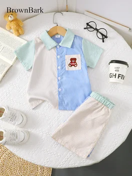 Summer  4-7  Years  Old  Cool  Boys  Stripe  Collar  Shirt   And   Shorts   Casual   3-Piece  Set 1