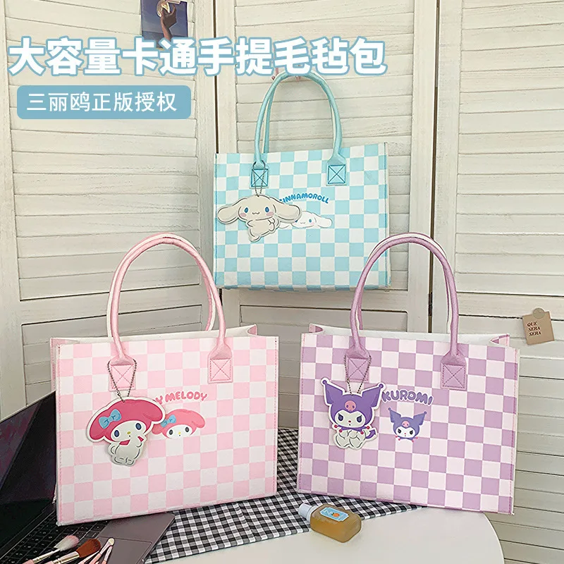 

Новая Милая мультяшная Наплечная Сумка Kuromi Cinnamoroll Melody, женская сумка большой емкости, модные квадратные контрастные фетровые сумки