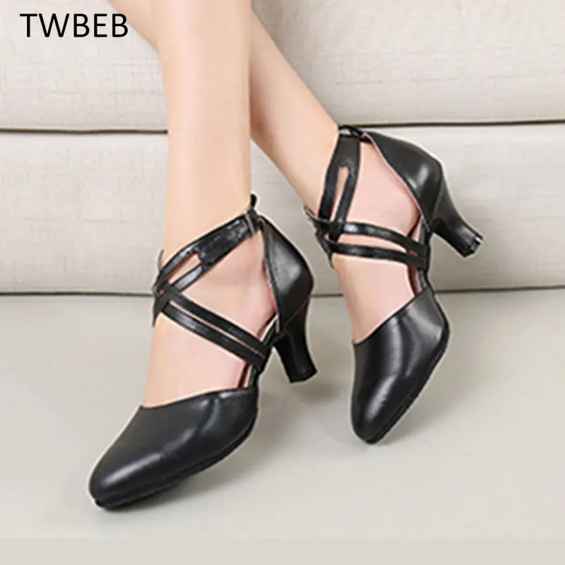 Women's Black Red Genuine Leather Latin Tango Ballroom Dance Shoes
