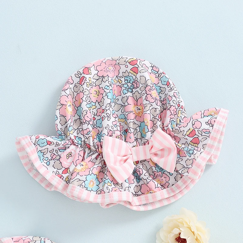 2025 Kid Baby Girls Bikinis Rash Guard Swimsuits Floral Print Bathing Suits Infant Zipper Swimwear Hat Sun Protection Beach Wear 5