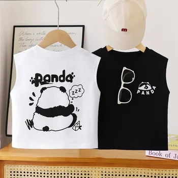 1-10Y Children's T-Shirt 2025 New Cartoon Panda Baby Sleeveless Vest Pure Cotton Dleeveless Shirt Boys and Girls Stylish Tops 1
