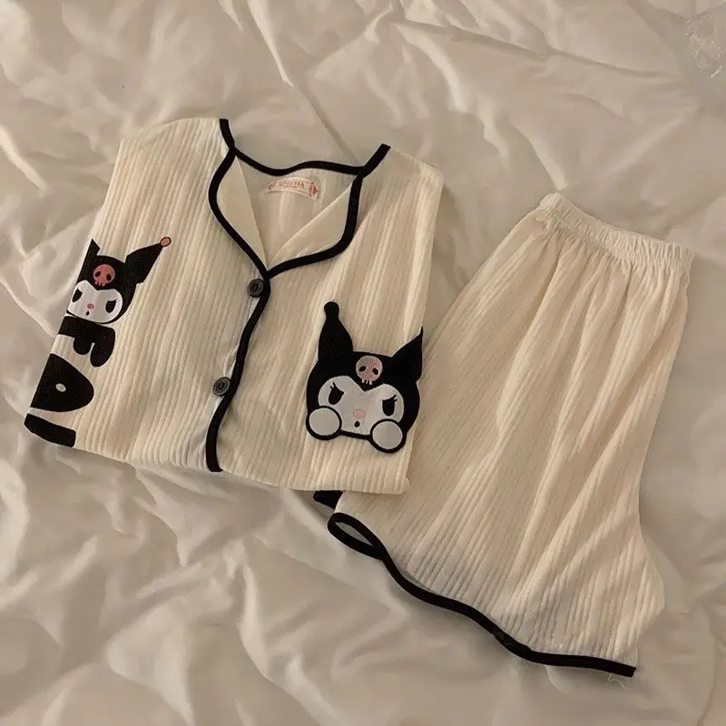 

Kawaii Sanrio Kuromi Girls Pajamas Set 2 Pcs/set Home Clothes Cartoon Thin Style Summer Ladies Short Sleeve Shorts Girls Gift