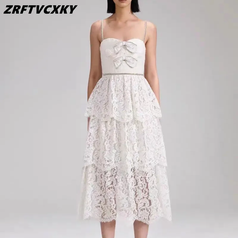 

High Quality Women's Strapless Lace Dress Summer Sweet Bowknot Shiny Rhinestone Decor Slim Mid-length Cascading Cake White Dress