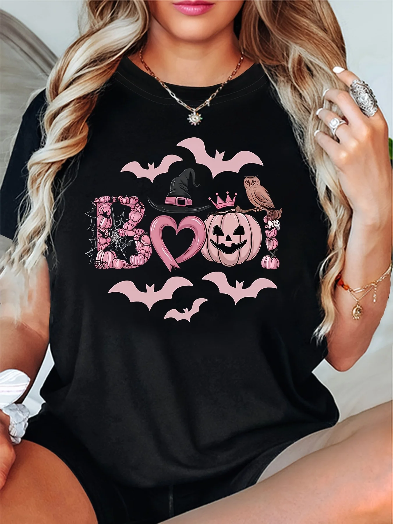 Pink BOO Print T-Shirt Short Sleeve Round Neck with Bat Pumpkin Spider ...