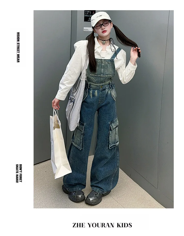 2025 Spring/Autumn Girls Denim Overalls Trendy Detachable Wide-Leg Jeans for Kids Stylish Versatile Casual Two Wear Trousers