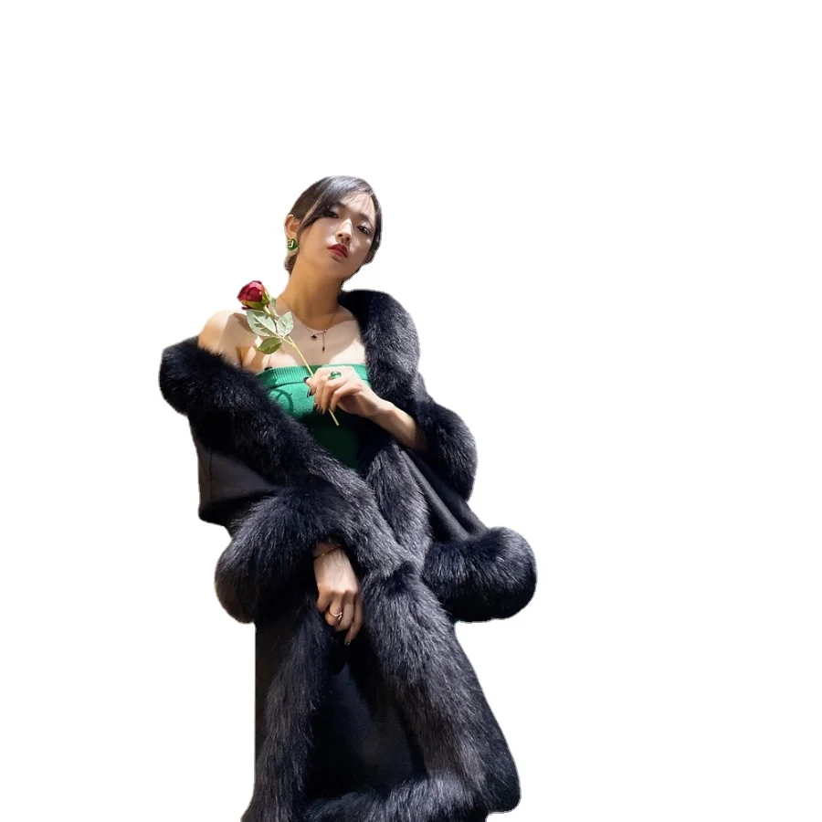 Fox Fur Gown Autumn Winter Cheongsam Wedding Shawl Fur High-end Wool Double-sided Thick Knitted Solid Casual Outerwear Fur Coat