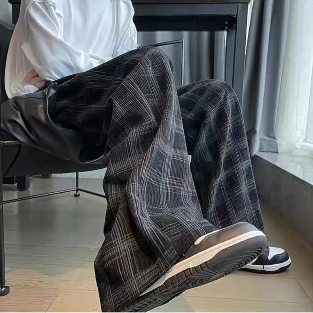 Summer plus size American retro plaid casual pants men's and women's straight leg loose high street sweatpants trend