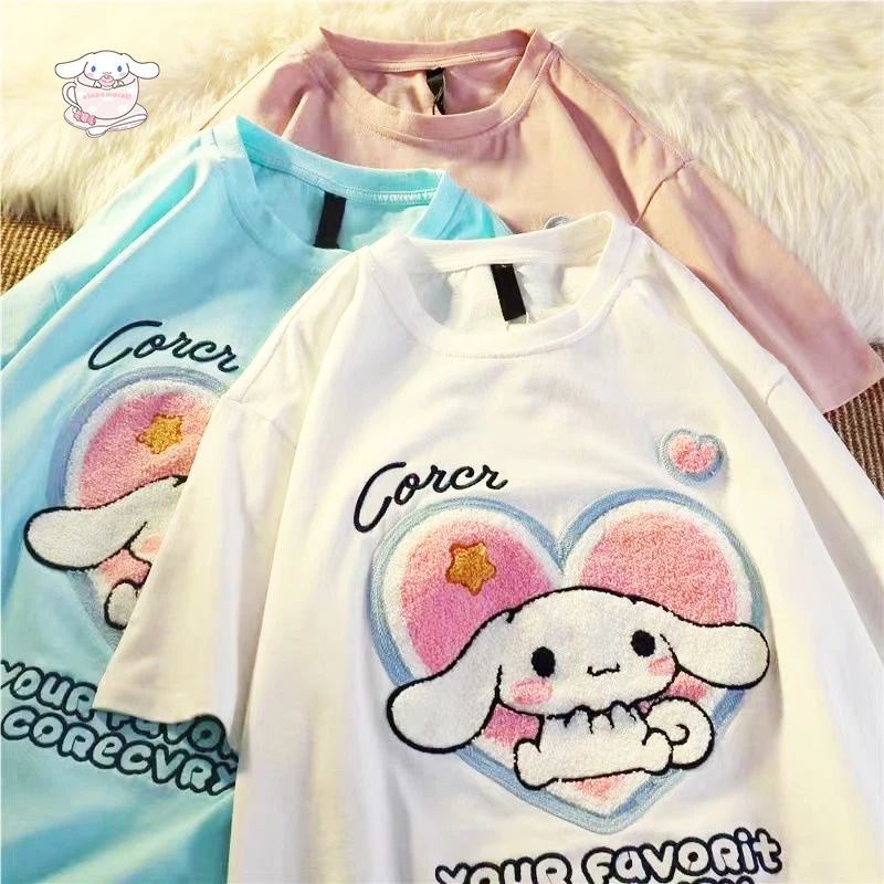 

Kawaii Cinnamoroll T-Shirt Sanrio Cute Cartoon Anime Summer Loose Printing Short Sleeve Embroidery Clothes Girls Gifts Toys
