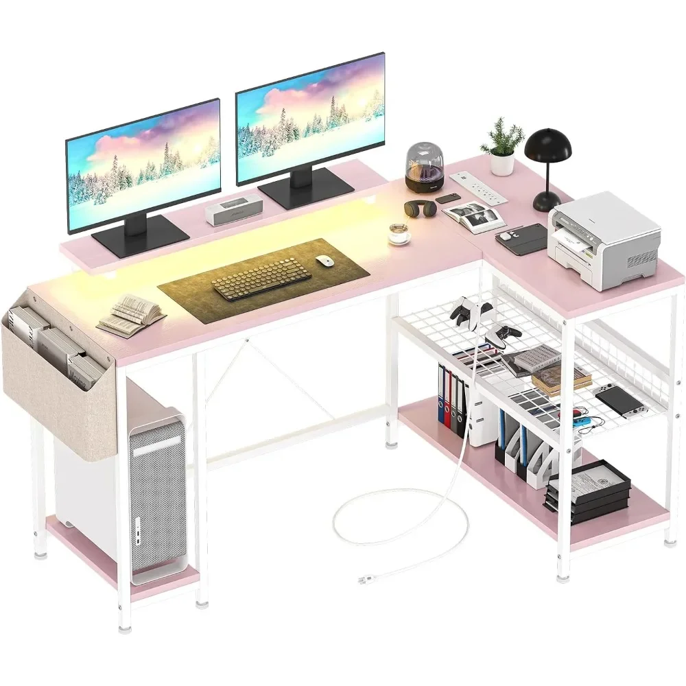 L-shaped Computer Desk with Power Socket and LED Light, 49.6-inch Computer Desk with Storage Shelves and Monitor Stand uninterruptible direct current standby power supplys router light optical modem monitor ups built in adapter for wifi modem camera