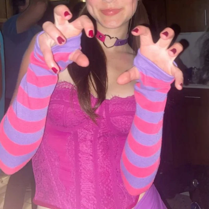 Costume di Halloween Set di abbigliamento per la casa a righe viola Gatto del Cheshire Gioco di ruolo con zampa carina Set di costumi per feste di carnevale per adulti - immagine 6