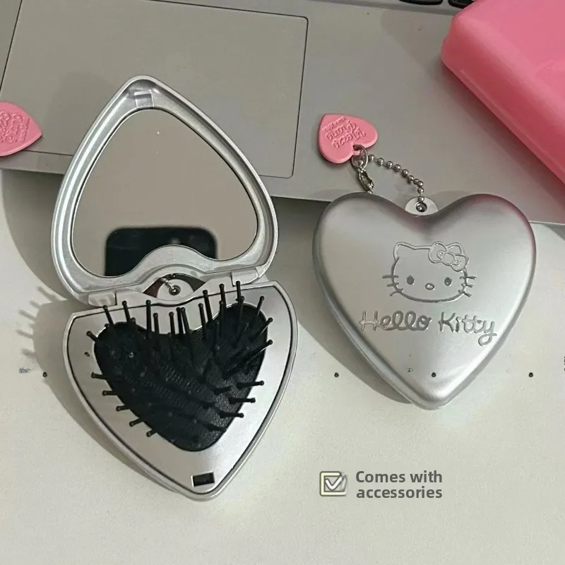 New Cute Cartoon Heart-Shaped Folding Mirror Comb DIY Airbag Kitty Portable Makeup Mirror Dual-purpose and Portable