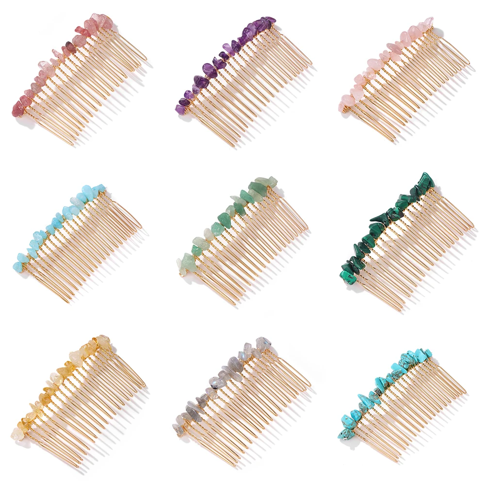 Women Crystal Hair Combs Hair Accessories Natural Quartzs Stone Hair Clips Healing Reiki Hairpin Wedding Bridal Headwear Jewelry