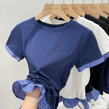 2025 المرأة الصيف عادية س الرقبة سليم تي شيرت الكورية نمط شيك منقوشة المرقعة قصيرة الأكمام تي شيرت الإناث بلوزات على الموضة