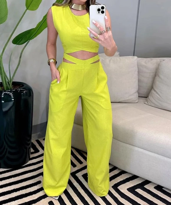 

Women Commuting Style Pants Set 2024 Latest Solid Color Fashion Sleevenes Spicy Girl Open Back Long Pants Slim Fit Sexy Pant Set