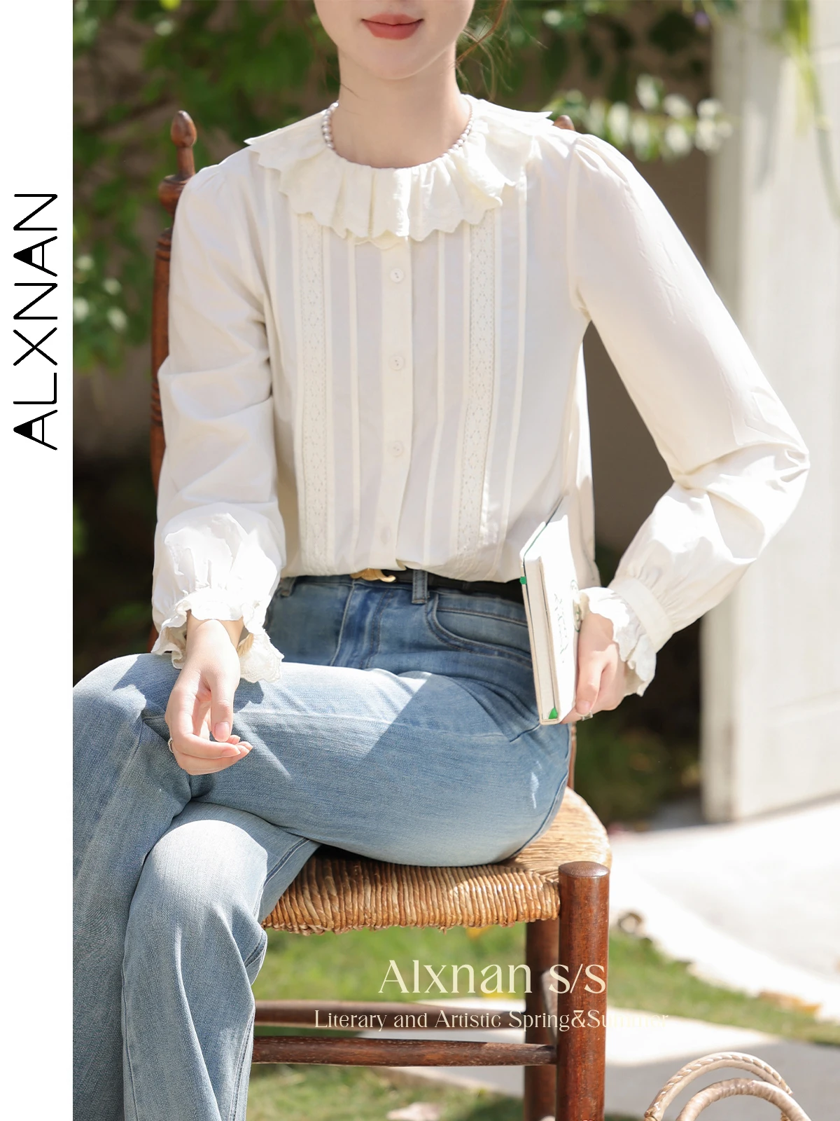 ALXNAN 여성용 캐주얼 루즈 단추 업 코튼 셔츠, 단색 단추 업 긴팔 블라우스 탑, 2024 용수철 여름, L33836