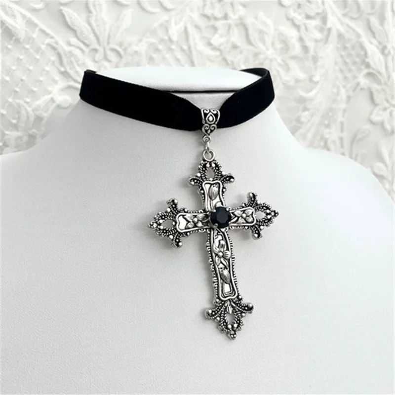 Cross Choker Vintage Antique Silver Color Black Rhinestone Gothic Black Rope Necklace Victorian-Themed Gatherings