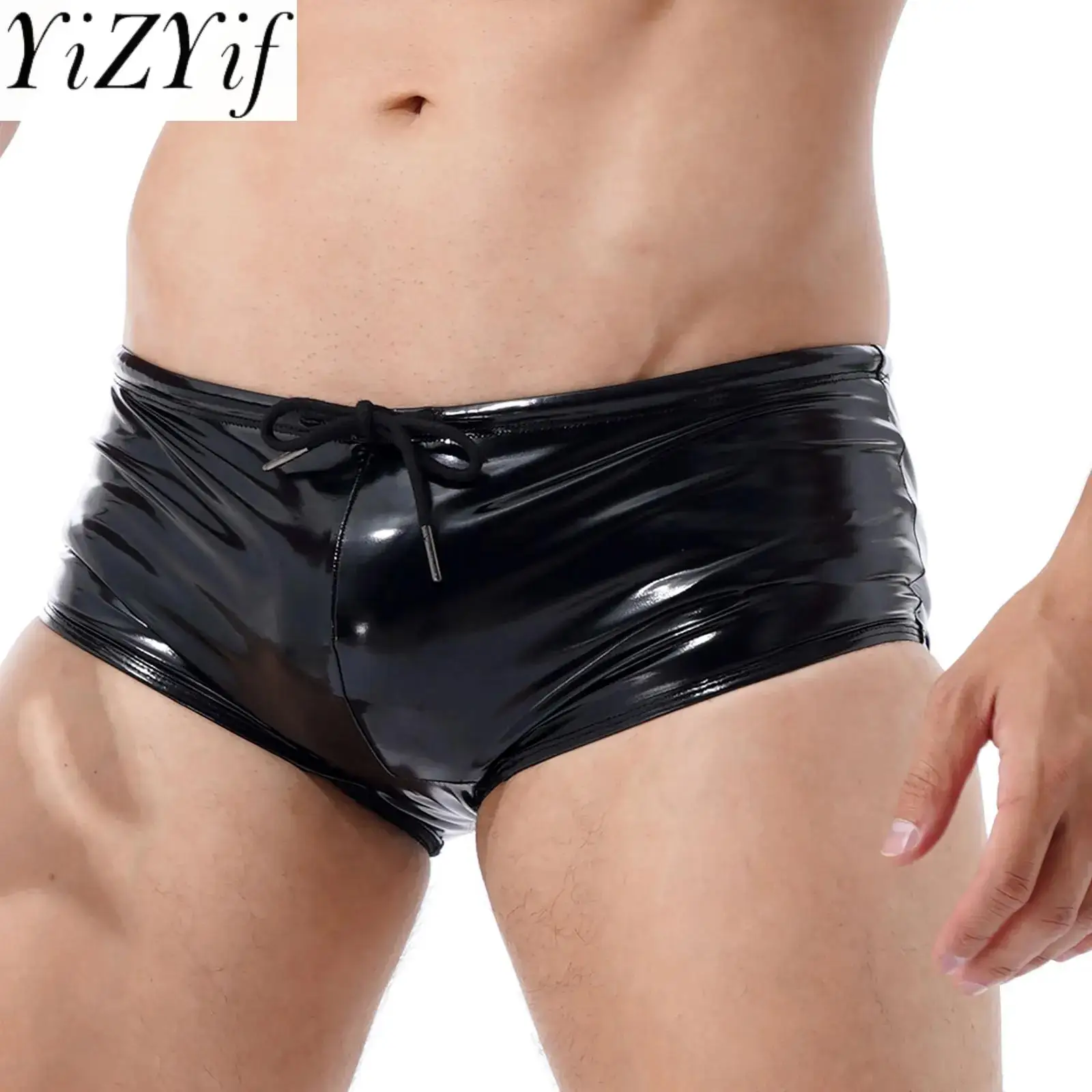 

Men Swimming Trunks Wet Look Patent Leather Shorts Short Pants Low Rise Drawstring Boxer Shorts Beach Swimwear Party Clubwear