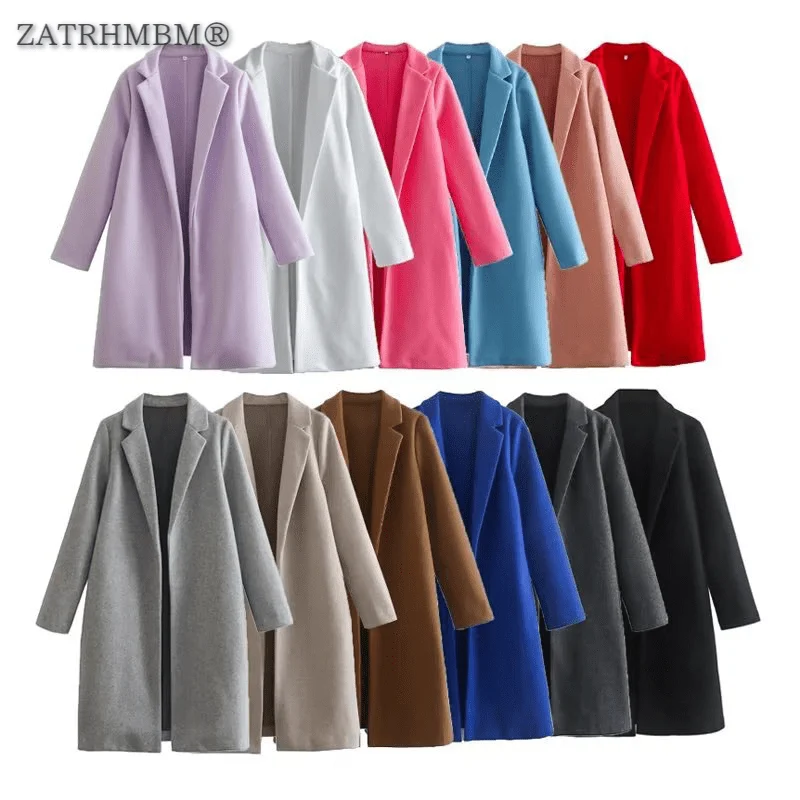 

ZATRHMBM Women 2022 Autumn Winter Fashion Multi-Color Woolen Overcoat Vintage Long Sleeve Cardigan Female Outerwear Chic Tops