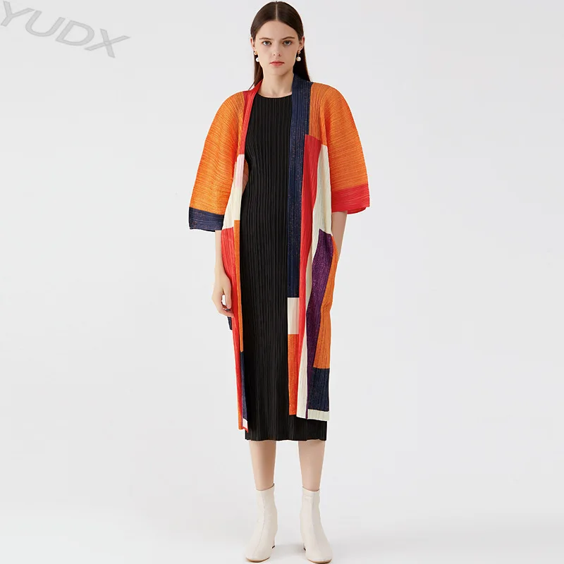 

Miyake Pleated 2023 Summer Loose Large Size Slim Women's Five-minute Sleeve Printed Long Cardigan Tunic Jacket Women's Dresses