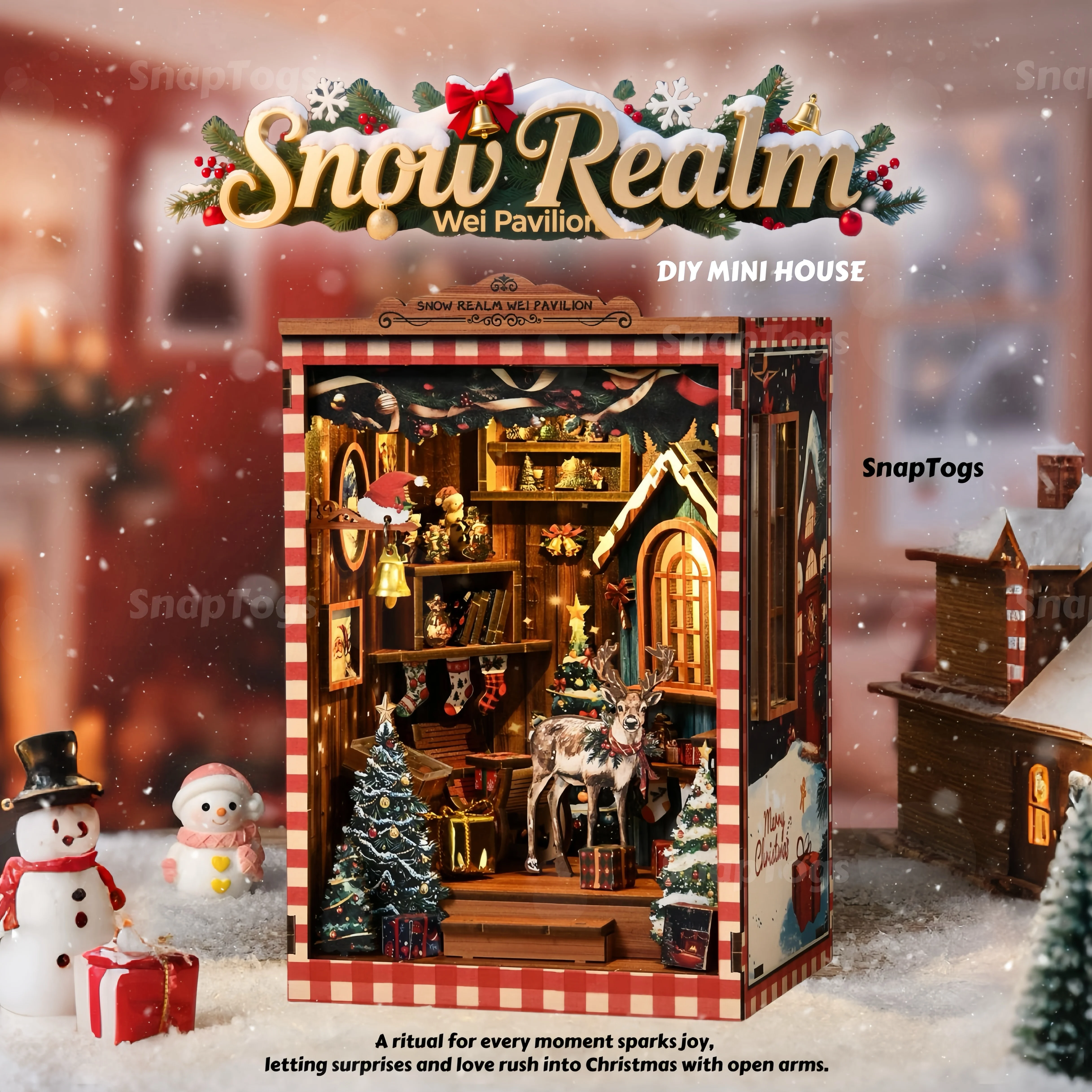 SnapTogs Christmas Gift Miniature House X-mas Book Nook Tiny Doll House Roombox Style Wooden Building Blocks Toy