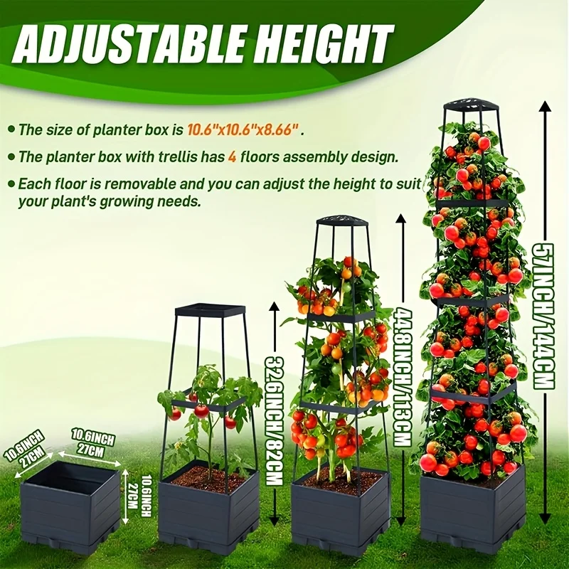 Tomato Cage Planter Box with Self Watering System and Grid Support 2