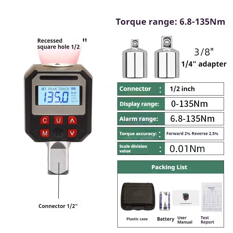 Digital Torque Adapter 3/8" Drive - 10-99.6 Ft-lb Range With 1/2" Adapters, Sound/Light Alarm, Preset Settings - View #8