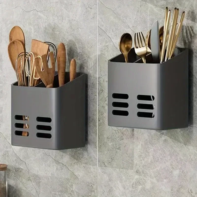 1PC Cutlery Rack Wall-mounted with Draining Basket Multifunctional No-drill Space-saving Organizer for Kitchen Bathroom