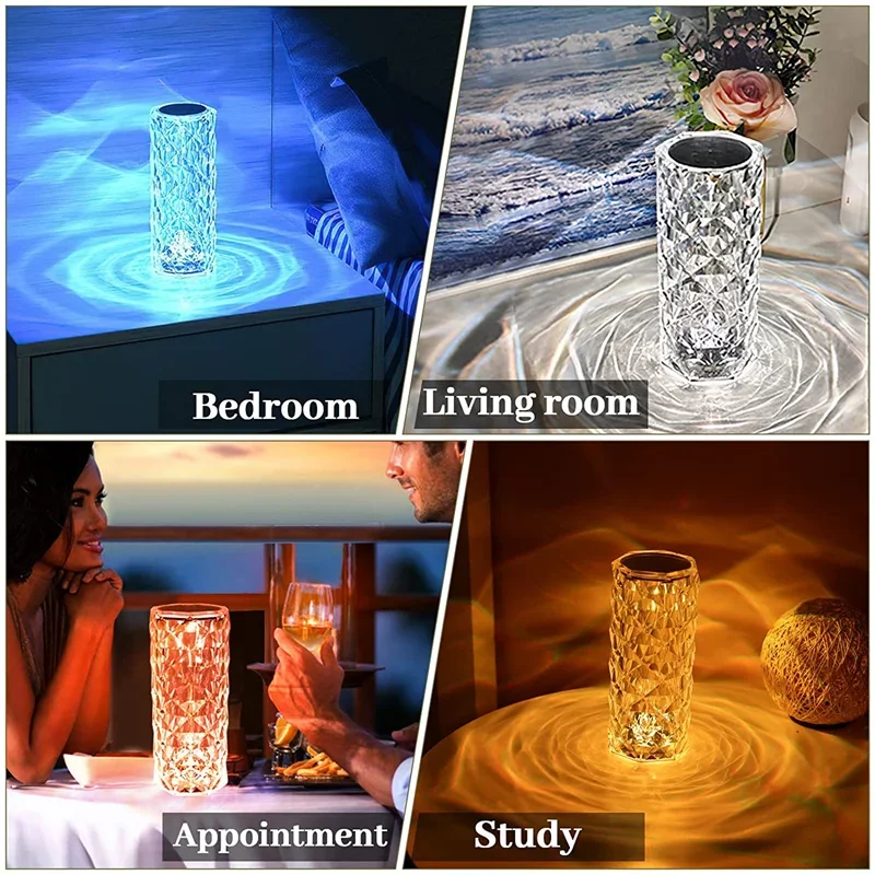 Description Picture 6 of item3/16 Colour LED Crystal Table Lamp Rechargeable Touch Rose Romantic Night Lamp Bedroom Bedside Lamp Living Room Bar Decoration