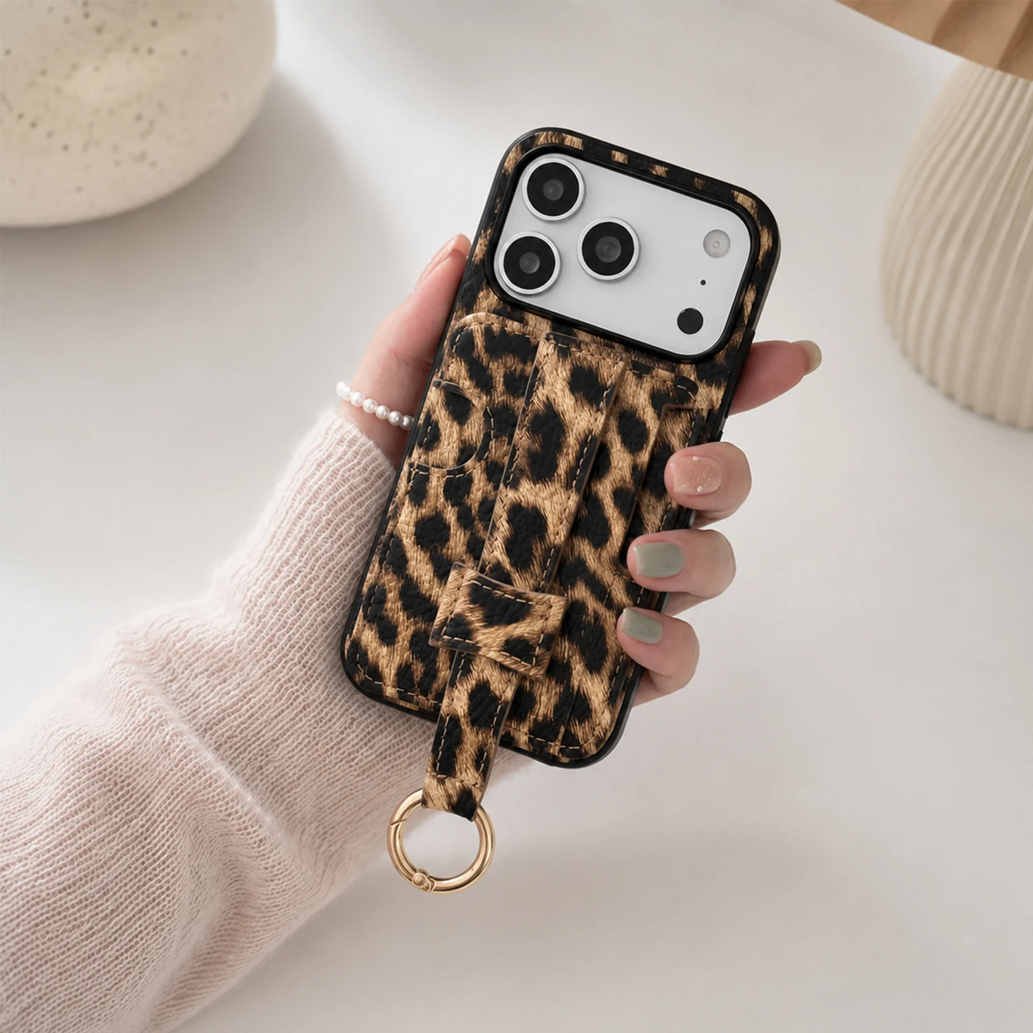 Leopard Print Pebbled PU Leather Phone Case with Card Holder and Finger Strap Ring Hook
