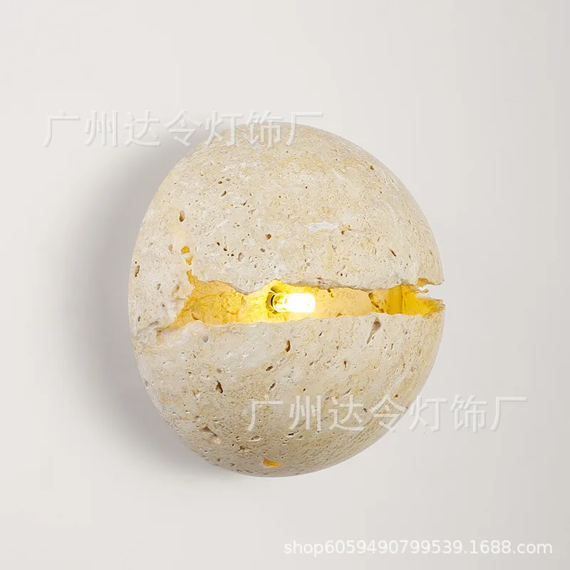 

Retro Dinosaur Egg Shape Natural Stone Art Wall Lamp Yellow Travertine Hemisphere LED Sconce Atmosphere Corridor Light Fixtures