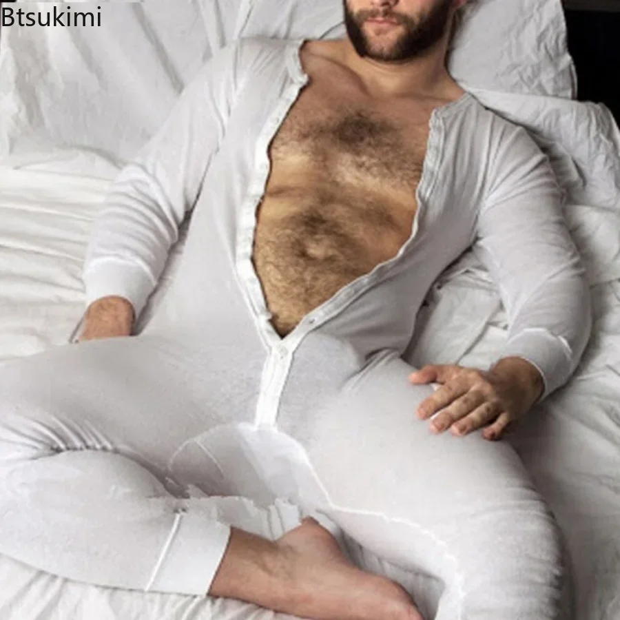 New Pajamas Jumpsuits Men Home Wear Solid Long-sleeved Comfortable Rompers Tight-fitting Casual Pajamas Sexy Male men jumpsuits