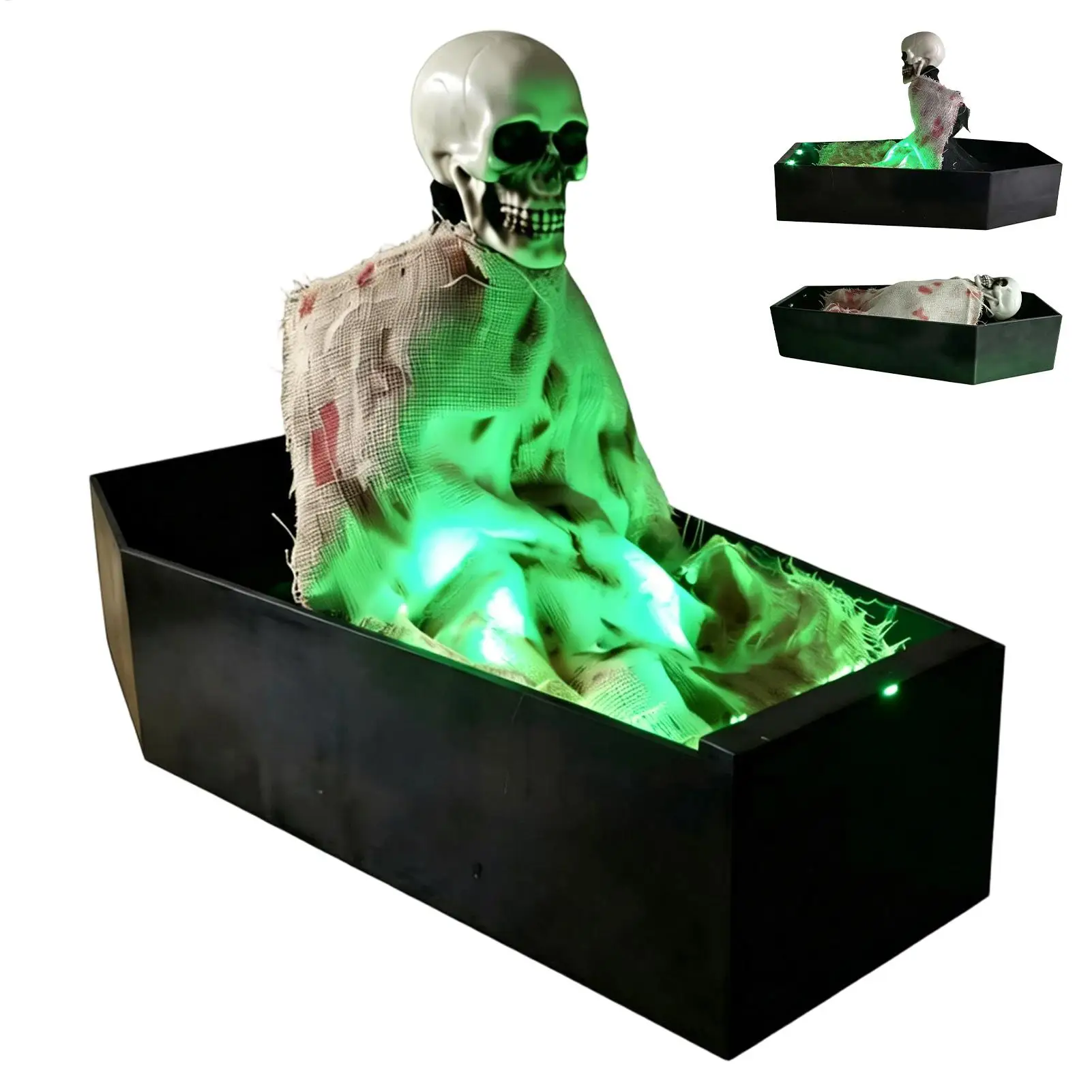 Sound-Activated Animated Skeleton Coffin with Green LED Lights and Scary Sounds - Halloween Decor for Home and Parties