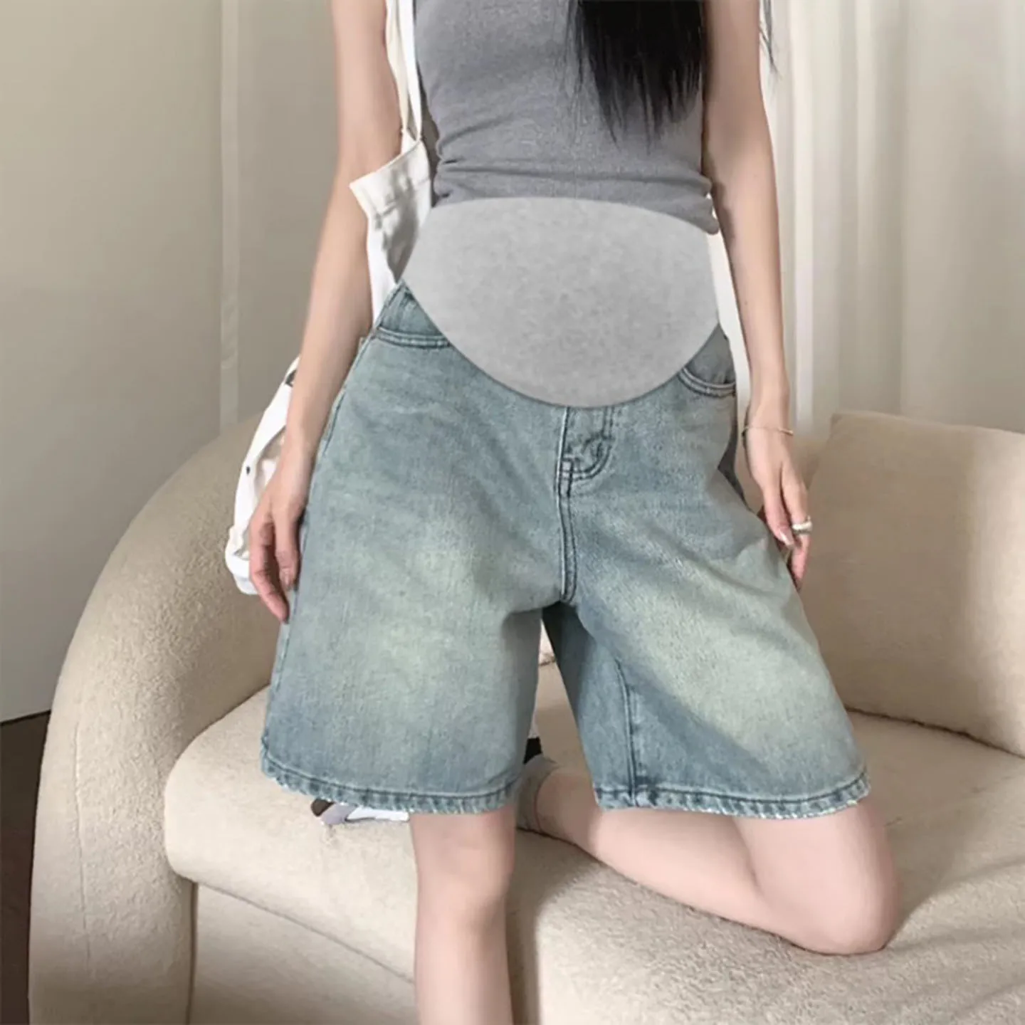 여름 신상 루즈핏 임산부 청반바지 5부 팬츠 배 받침 아우터 캐주얼 루즈핏 팬츠 편안한 데님 반바지