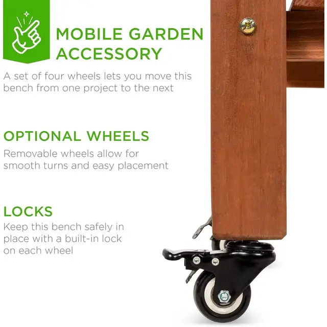 Outdoor Wooden Garden Potting Bench with Sliding Table, Dry Sink, Storage, and Locking Wheels