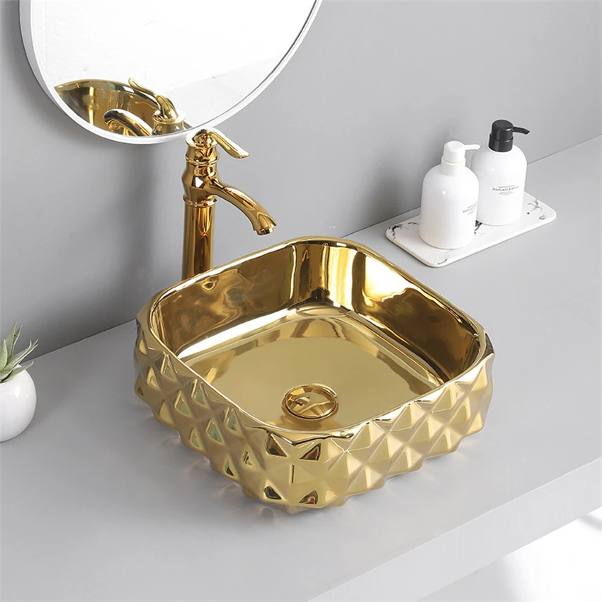 

Integrated Ceramic Tabletop Basin Electroplated Washbasin Light Luxury Household Hotel Engineering Art Wash Basin 400*400*150mm