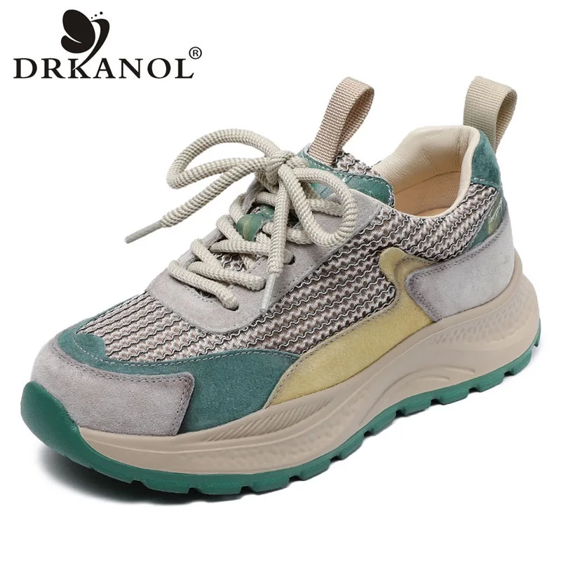 DRKANOL 여성 캐주얼 스니커즈 2026 여름 혼합 색상  가죽 통기성 메쉬..