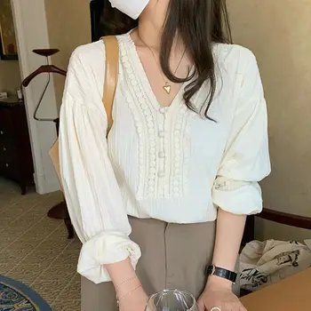 Chemisier blanc en coton à manches longues pour femme, élégant, pour le bureau, collection automne 2026, col en V