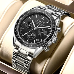 LIGE Men's Waterproof Stainless Steel Quartz Chronograph Watch with Luminous Display (Silver black)