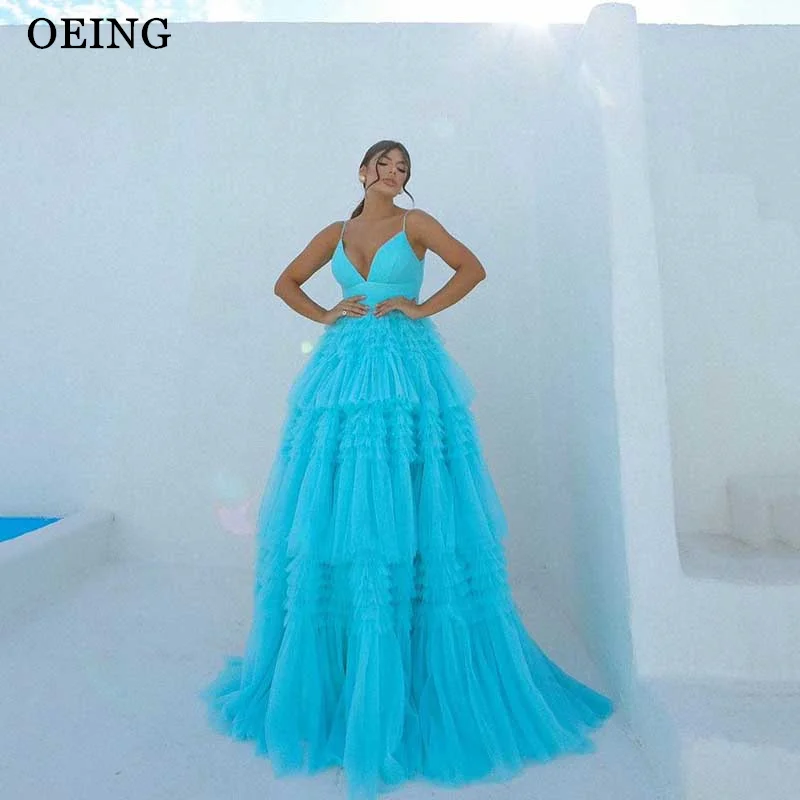 

OEING Simple Evening Dresses Sexy Deep V-Neck Ruffles Pleated Tulle Tiered A-Line Prom Dress Formal Gowns Vestidos De Fiesta