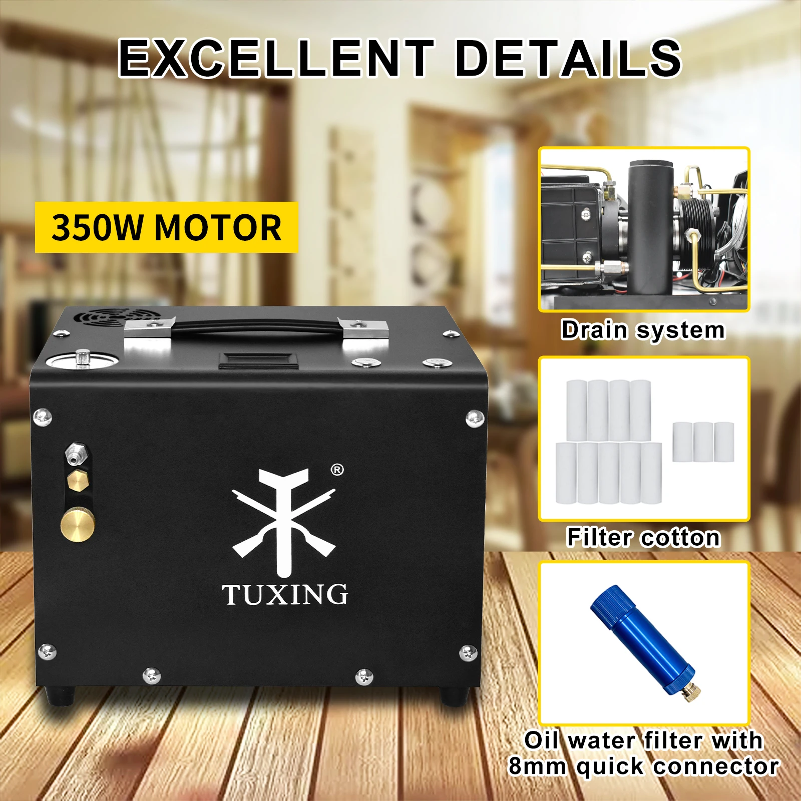 TUXING 4500Psi 300Bar PCP Air Compressor High Pressure Electric Built-in 12V Power Adapter Compressor for Diving Tank TXET062