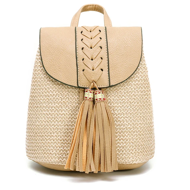 Rattan Straw Woven Girls Backpack INS 