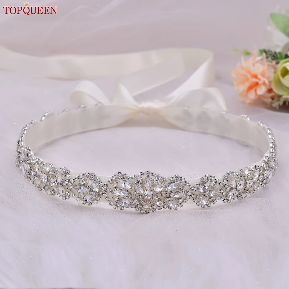 TOPQUEEN S75 Bridal Wedding Dress Belt Silver Rhinestones Crystal Elegant Luxury Handmade Beaded Bridesmaid Women Dresses Belt