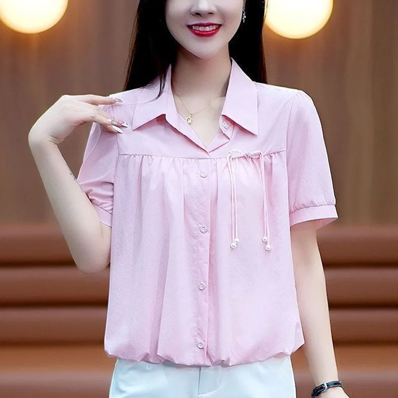 

2024 Summer New Solid Color POLO Collar Bow Button Casual Loose Fashion Versatile Short Sleeve Commuter Age Reducing Shirt Top