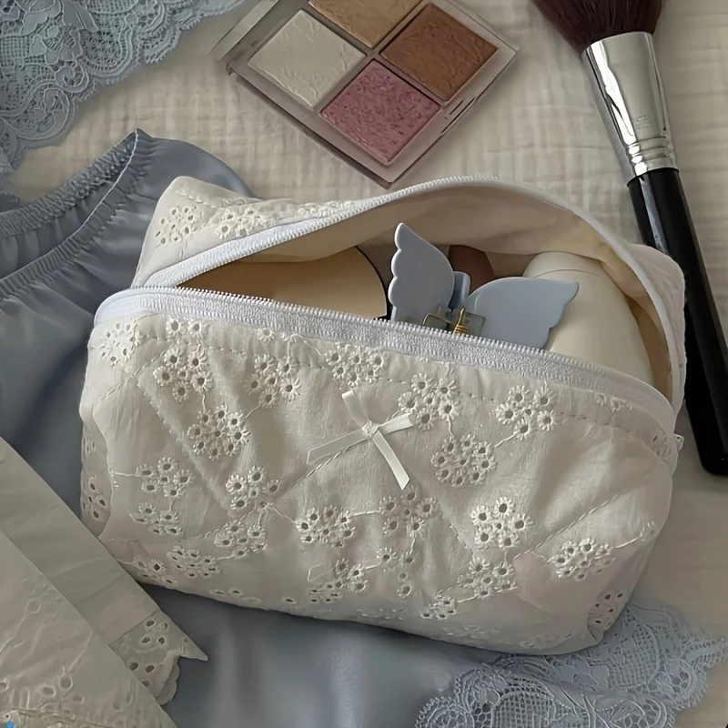 Elegant White Lace Makeup Bag, Quilted Bridal Cosmetic Pouch with