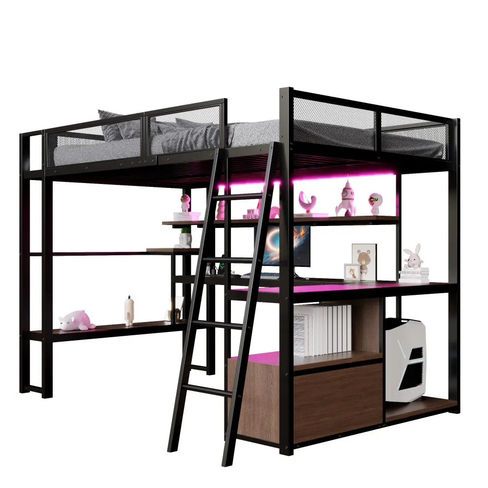 Metall-Gaming-Hochbett mit Integriertem Arbeitsplatz Kinderbett mit LED-Beleuchtung und Viel Stauraum Zweistöckiges Bett 140x200cm – Detail 22