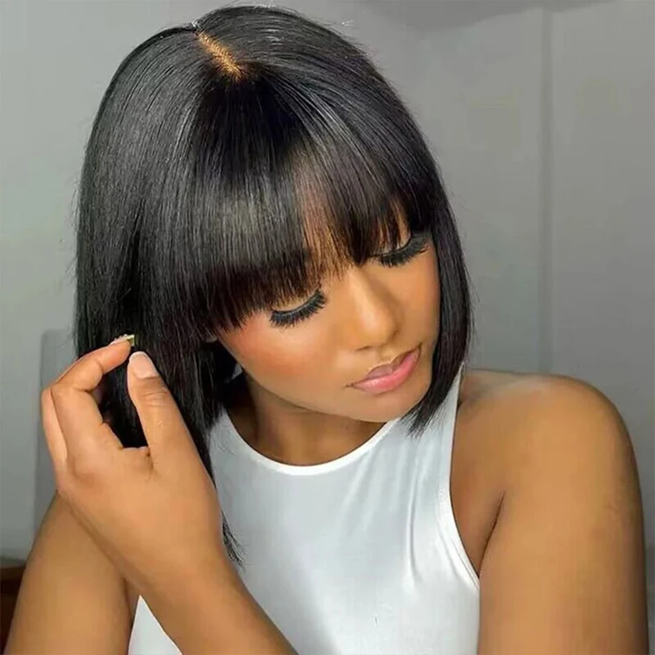 

3X1 Middle Part Scalp Hd Lace Wig Bone Straight Human Hair Wigs With Bangs Glueless Wig Human Hair Ready To Wear Short Bob Wigs